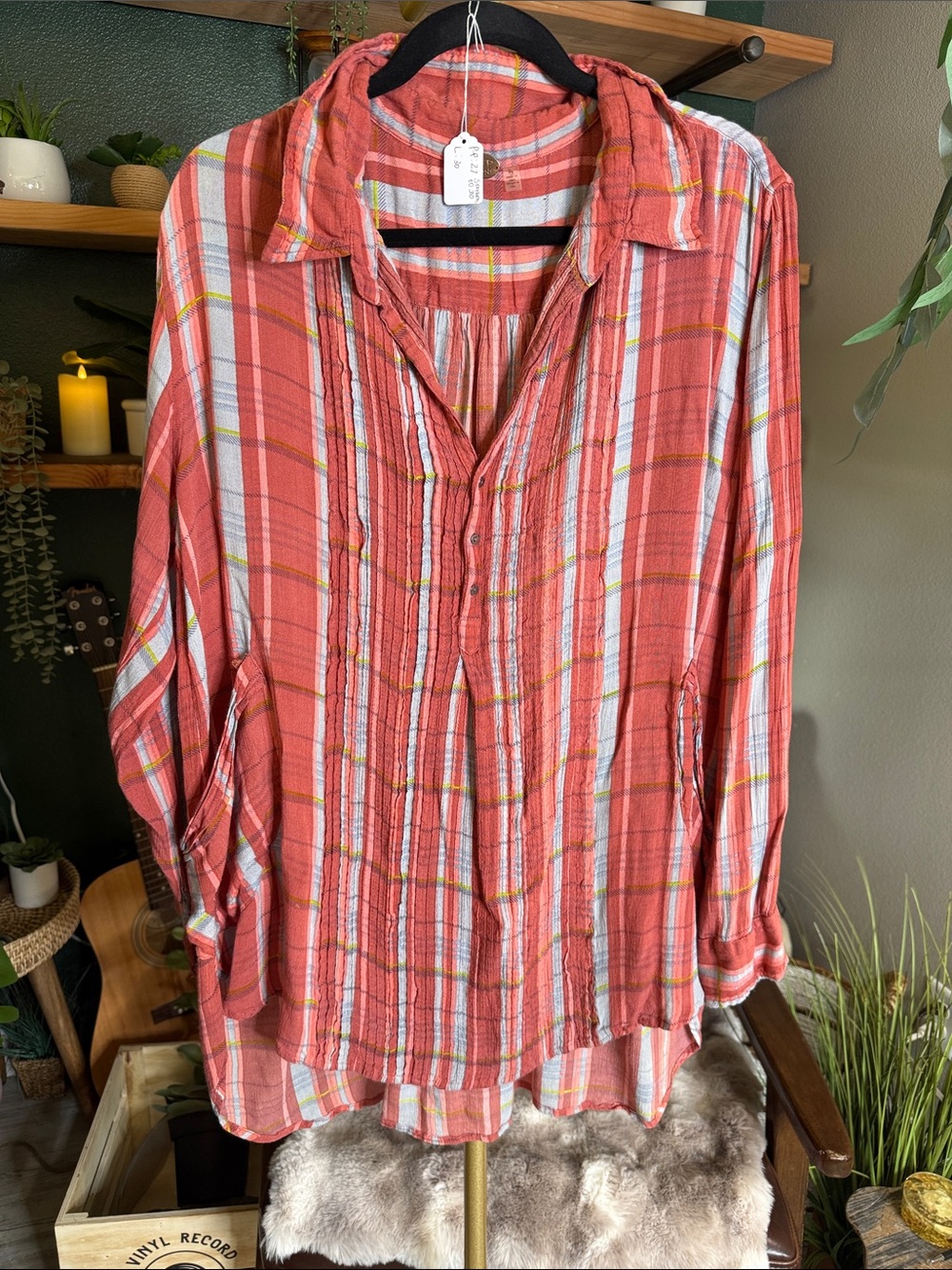 Free People Coral Plaid Button-Front Tunic Blouse
